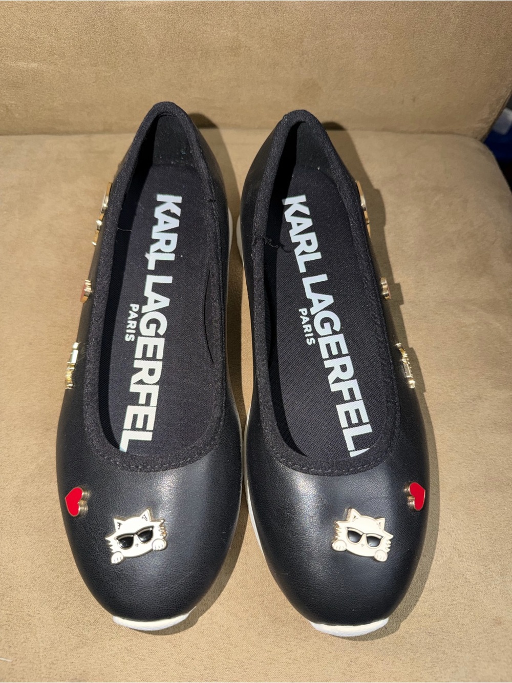 Karl Lagerfeld Black Slip-On Ballet Flats with Cat and Heart Charms